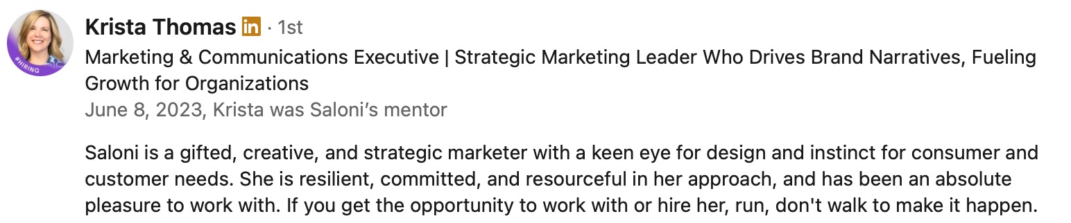 Krista LinkedIn Testimonial